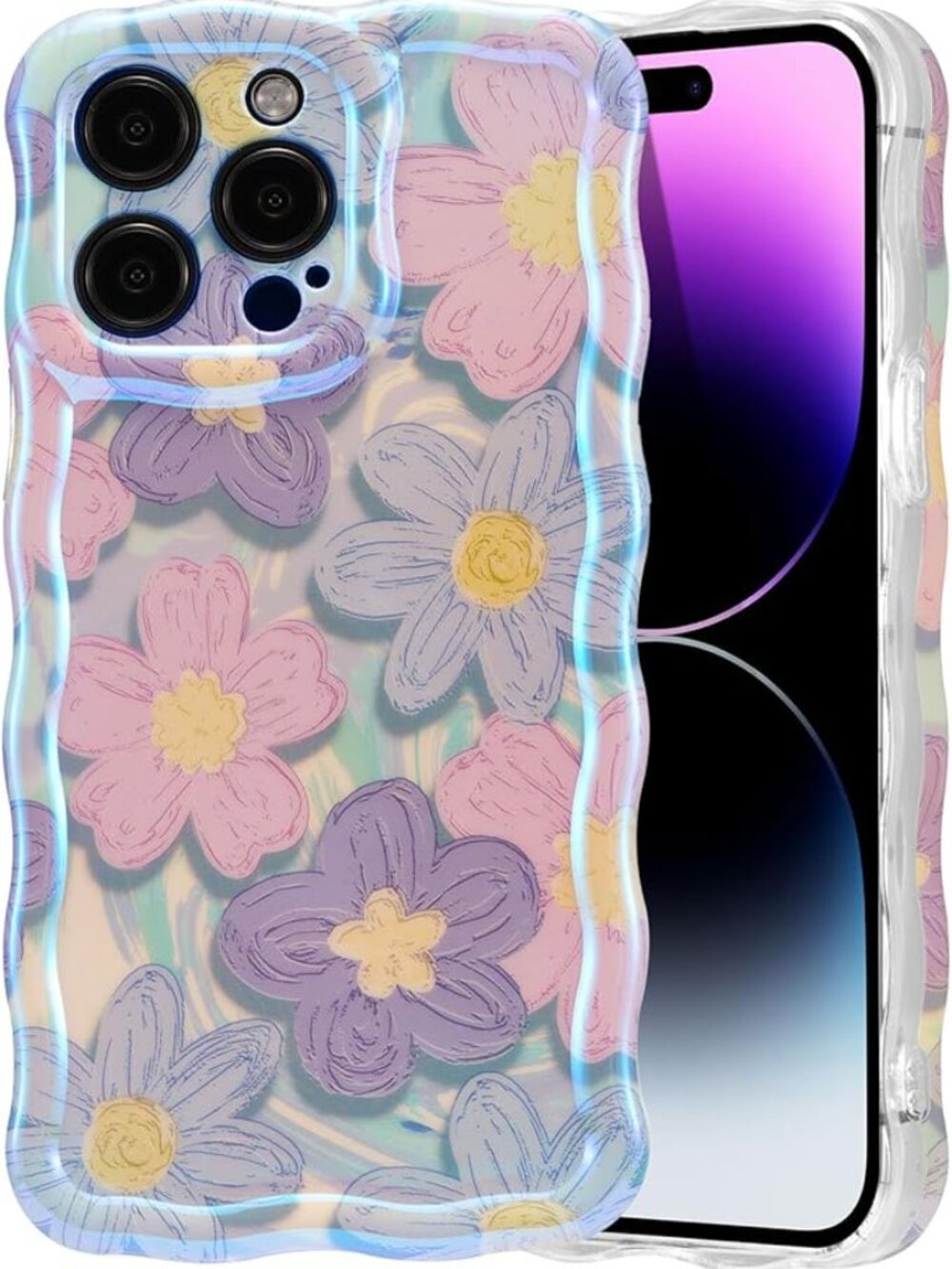 EYZUTAK Case for iPhone 14 Pro, Colorful Retro Oil Painting Flower Laser Glossy